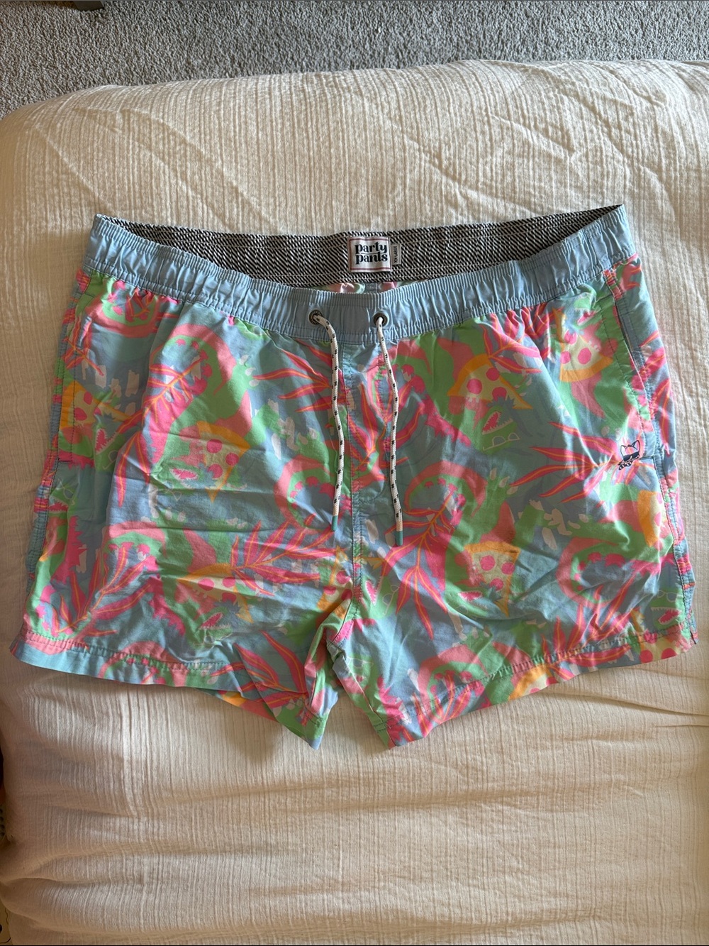 Board-short Swim Trunks in Light Blue with Neon Tropical Print